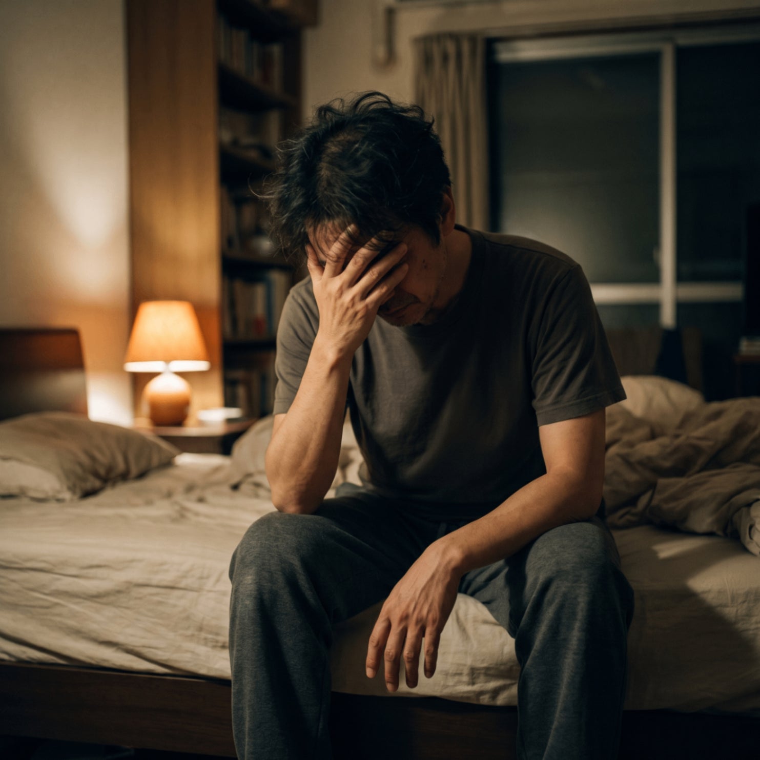 薄暗い寝室のベッドに腰かけ、頭を抱えて悩む中年男性