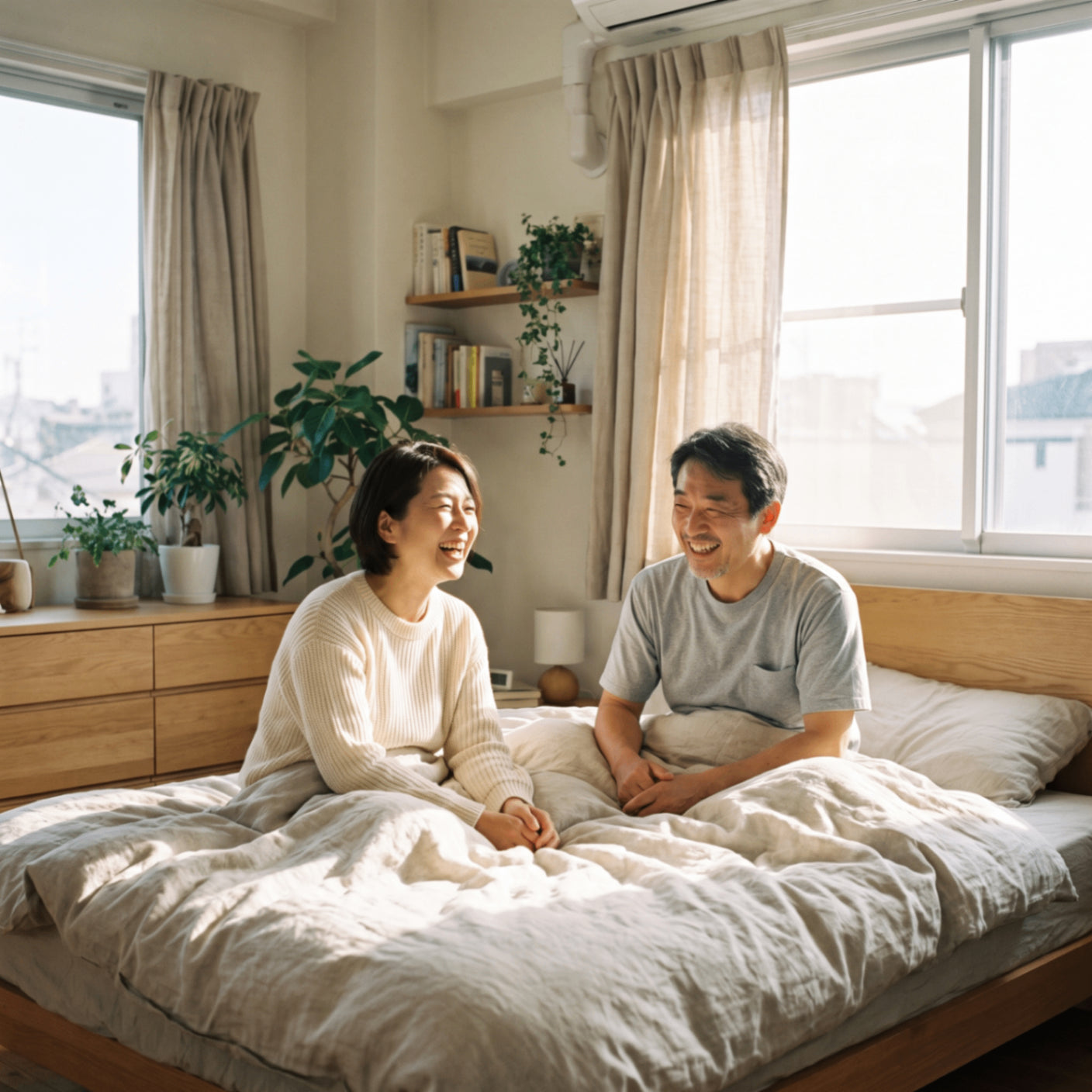 朝の光が差し込む寝室で笑い合う中年夫婦