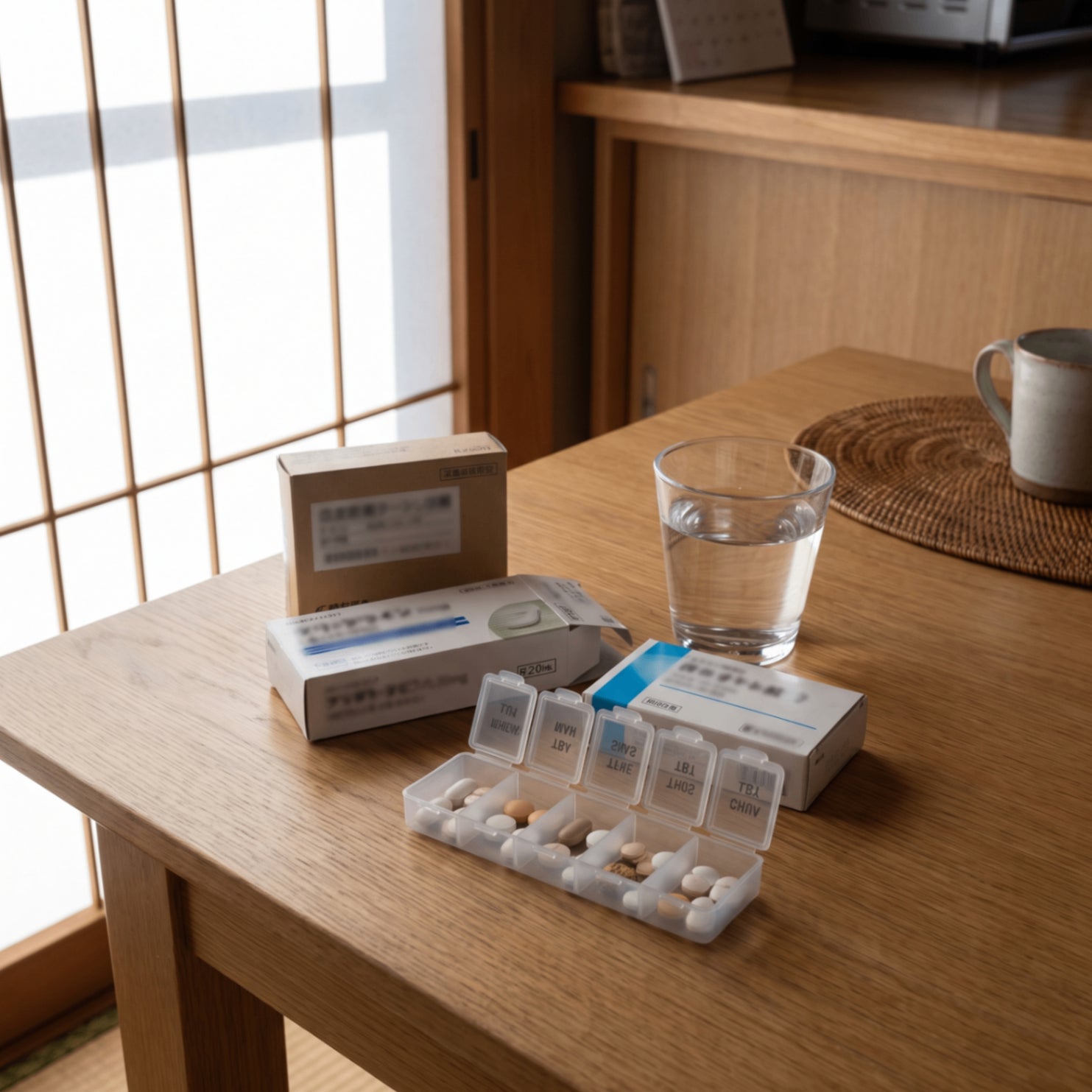 和室のテーブルに並ぶ処方薬の箱、ピルケース、水の入ったグラス