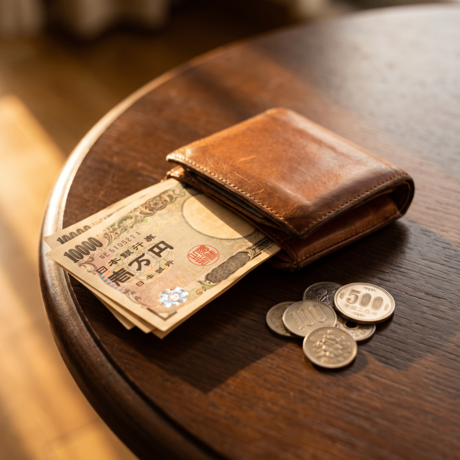 木のテーブルに置かれた革の財布からのぞく一万円札と硬貨